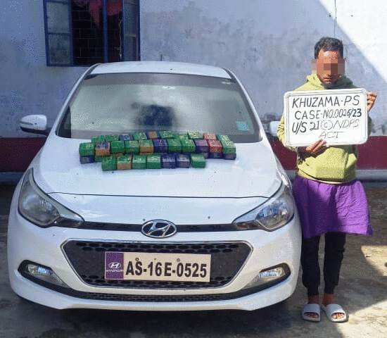 On 19/11/2023, police personnel manning Khuzama inter-state check gate, detected & recovered 50 soap cases of suspected heroin weighing 600 gms. approx which was concealed in a car coming from the neighbouring state of Manipur. One person has been arrested in this connection.
