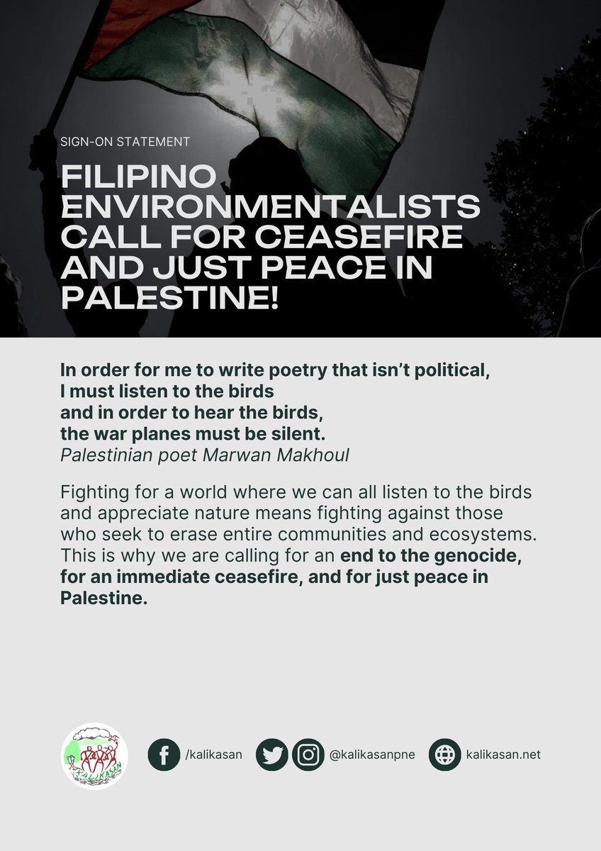 KalikasanPNE's tweet photo. 📢 FILIPINO ENVIRONMENTALISTS, SIGN ON NOW AND CALL FOR CEASEFIRE AND JUST PEACE IN PALESTINE!

Read and sign on to our unity statement (open to organizations and individuals): https://t.co/9yuXUDQJH9 https://t.co/p6Z4wivOfH