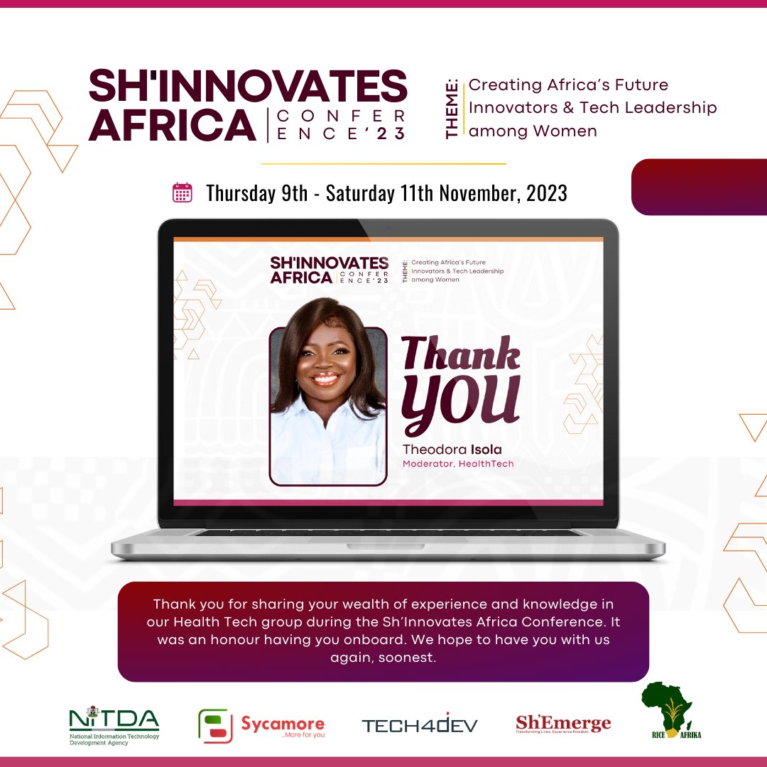 Sh_Emerge's tweet image. A special thank you goes out to our Moderator (HealthTech), @theodoraisola , for bringing your wealth of knowledge and expertise to enrich the conference in 2023.
#ShEmerge #ShInnovatesAfrica2023 #FrancesAborigho #TechConference #InnovationRevolution #VirtualEvent #TechEnthusiast