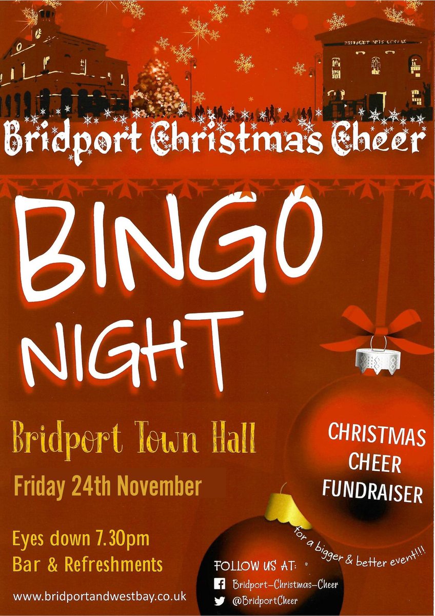 BridportCheer's tweet photo. To get everyone in the festive spirit we will be holding our annual Bingo night this Friday 24th November at Bridport Town Hall.  Bar, light refreshments, great prizes and lots of fun guaranteed!!

Eyes Down 7.30pm!

All welcome! https://t.co/PKiIDhiYMd
