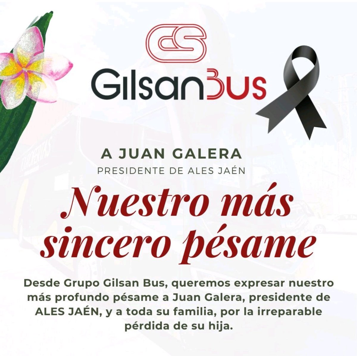 gilsanbus's tweet photo. Desde Grupo Gilsan Bus, queremos expresar nuestro más profundo pésame a Juan Galera, presidente de ALES JAÉN, y a toda su familia por la irreparable pérdida de su hija.
Nos unimos en el dolor que embarga a la familia y seres queridos en estos momentos tan difíciles.
D.E.P. https://t.co/A9omAnlsC7