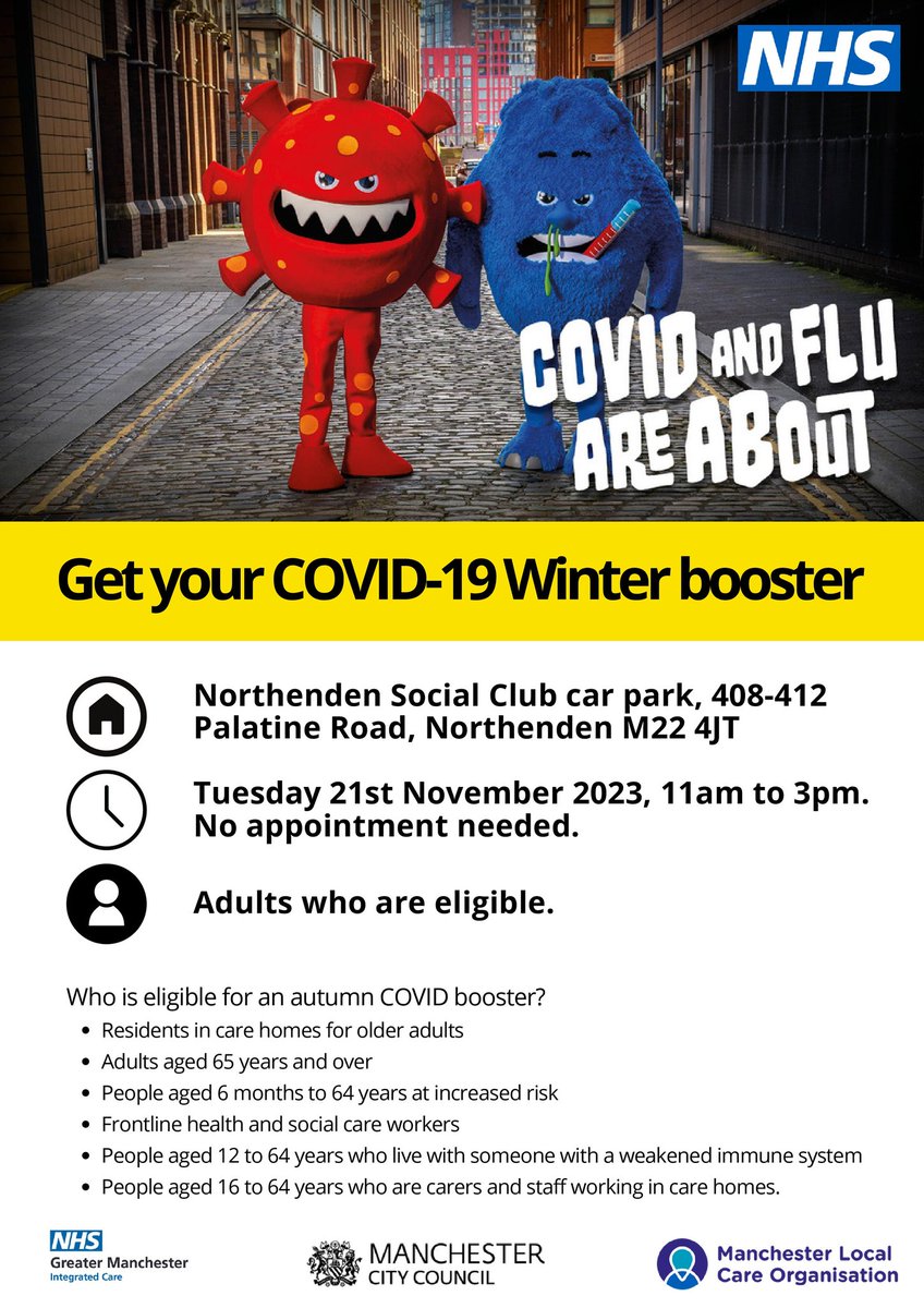 📢 You can get your Covid-19 booster jab by visiting NHS COVID Vaccination Van at #Northenden Social Club car park tmrw Tue 21 Nov: 11am-3pm. For adults aged 65 & over/ younger if at increased risk. Full eligibility details here 👉 bit.ly/3Mq4P3I @AfWyth @HealthySouthMCR