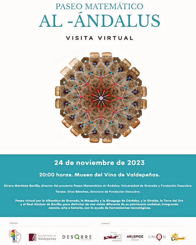 Paseo matemático Al_Andalus
¡No te pierdas este increíble evento único en persona! Ven y disfruta de un paseo fascinante por el mundo del arte y la ciencia en el Museo Del Vino de Valdepeñas.

Sumérgete en la historia, el arte y la ciencia de Al-Andalus.
