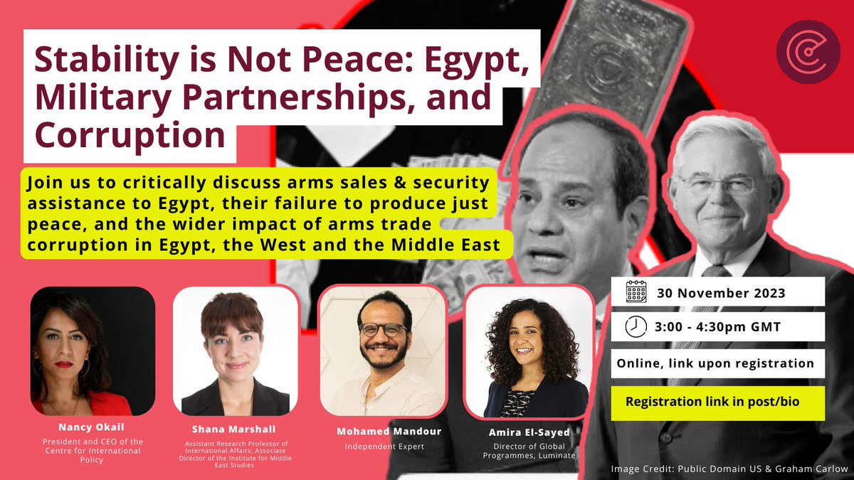 🔴New Event Alert: Come join our amazing panel to discuss the impact of military partnerships and corruption in Egypt, the West, and the wider Middle East!  Learn more and register: corruption-tracker.org/stability-is-n… Nov 30th, 3pm GMT