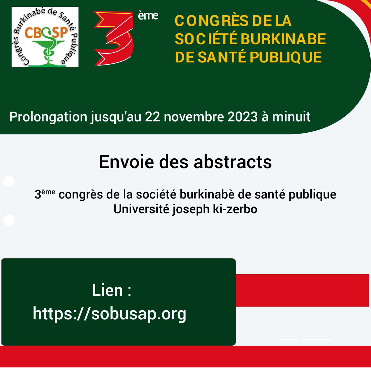 INSP-Burkina Faso (@fasoinsp) on Twitter photo 3ème Congrès de la santé Publique au Burkina Faso
Les soumissions d'abstracts continuent jusqu'au 22 novembre 2023 à 00h00mn. Ci-dessous le lien pour vos soumissions 👇👇👇👇👇👇
sobusap.org <a href="/NicolasMedaProf/">Nicolas Meda</a> <a href="/hienherve/">Hien Hervé</a> <a href="/BulletinSante/">Bulletin Santé</a> <a href="/BurkinaSante/">MinistèreSantébf</a> 3ème Congrès de la santé Publique au Burkina Faso
Les soumissions d'abstracts continuent jusqu'au 22 novembre 2023 à 00h00mn. Ci-dessous le lien pour vos soumissions 👇👇👇👇👇👇
sobusap.org <a href="/NicolasMedaProf/">Nicolas Meda</a> <a href="/hienherve/">Hien Hervé</a> <a href="/BulletinSante/">Bulletin Santé</a> <a href="/BurkinaSante/">MinistèreSantébf</a>