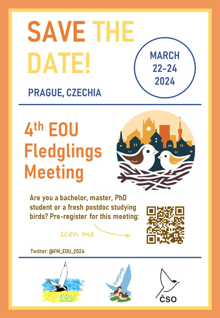 📅 Save the date! 4th EOU Fledglings Meeting will take flight in Prague, Czechia! Join us 22-24 March 2024 for stellar keynotes, orals, posters, and networking. Let's flock together! #EOUFledglings2024 #birds #ornithology🕊️🎉 Pre-registration: bit.ly/EOU-2024-maill…