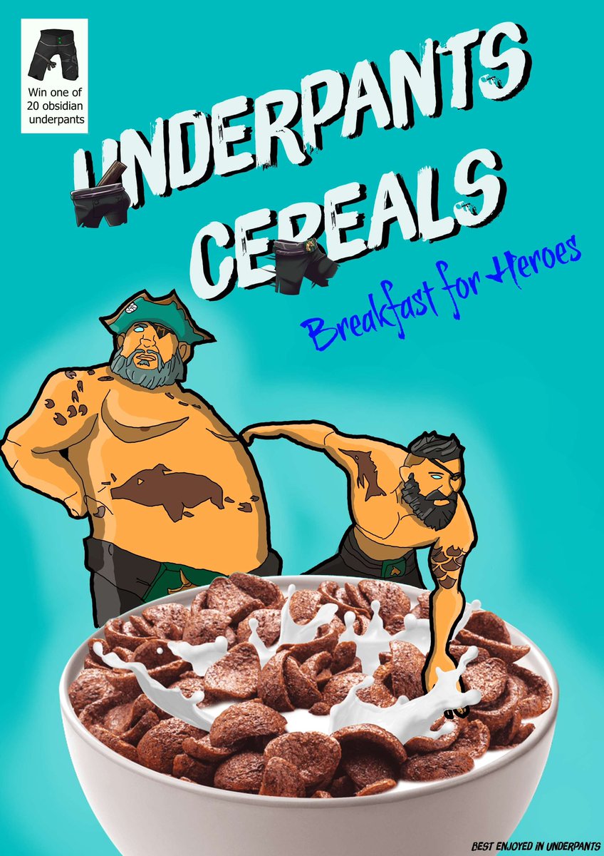 The amazing @cptcamouflag surprised us during our 3rd anniversary stream with this mockup for the Underpants Cereals.
What screams more #BeMorePirate than a true Breakfast for Heroes?
PS:<a href="/ChappersChapman/">Mike Chapman</a> I hope those Obsidian Underpants are coming soon, it‘s advertised on the box