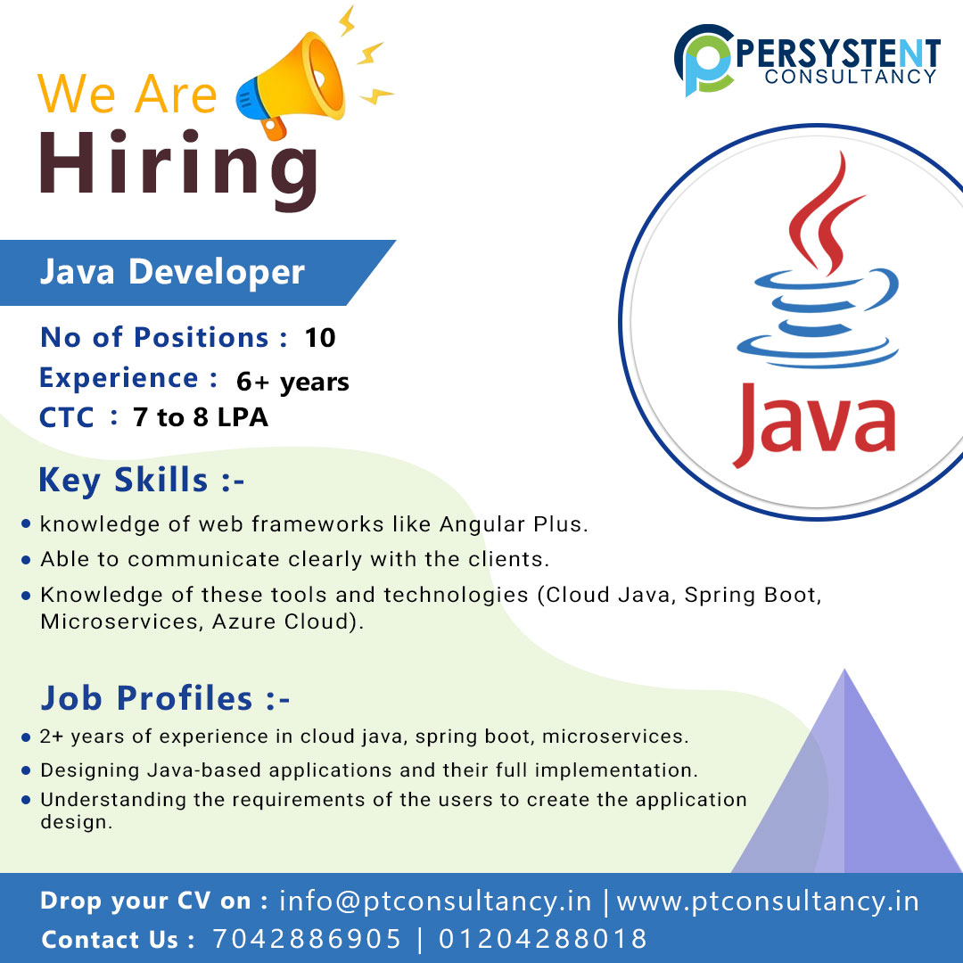 ptconsultancy1's tweet image. Hiring Java Developer
Experience - 6+ Years
CTC - 7 to 8 LPA
Apply at link :- bit.ly/we-are-hiring-…
Location - Pan India/Relocate Location
Key Skills:- Proficiency in Java, OOP, Frameworks, Cloud Java, Spring Boot, Azure Cloud
Mail id:- ptcon2020@gmail.com
#hiringjavadeveloper