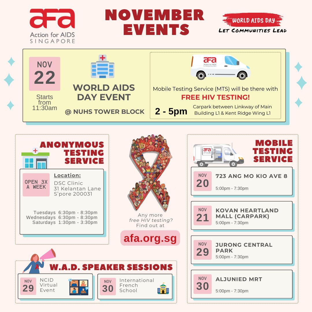 As we get closer to World AIDS Day on 1st Dec, check out our upcoming events for the remainder of November! 📅

#WorldAIDSDay #HIV #HIVtesting #BTA