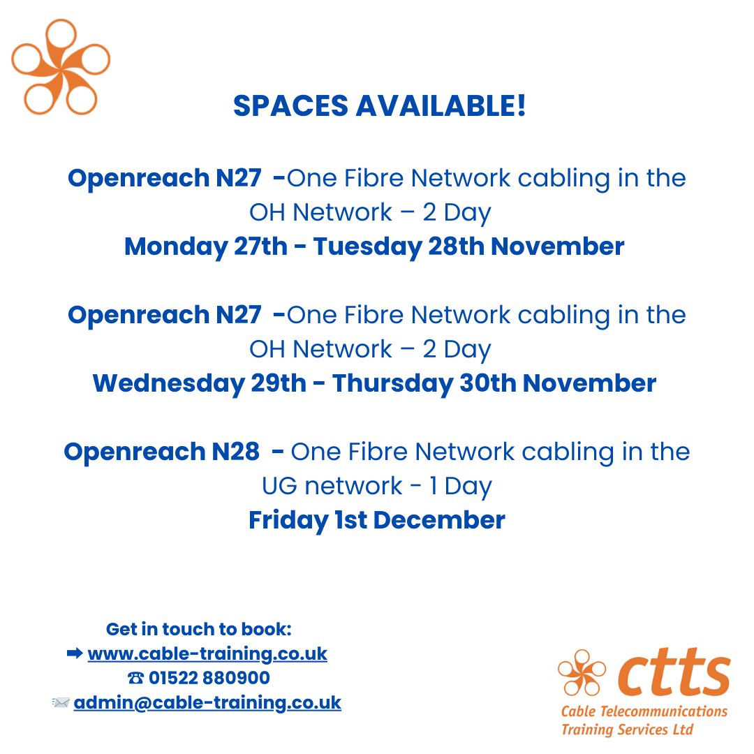 Ctts_training's tweet image. 🚨 Spaces available to book 👷‍♂️

Get in touch today! 📨☎

If the course you need isn't listed, get in touch to see what we can offer!

➡ cable-training.co.uk

☎ 01522 880900

📨 admin@cable-training.co.uk

#Civils #telecomstraining #CTTS  #Openreachaccreditations #telecom