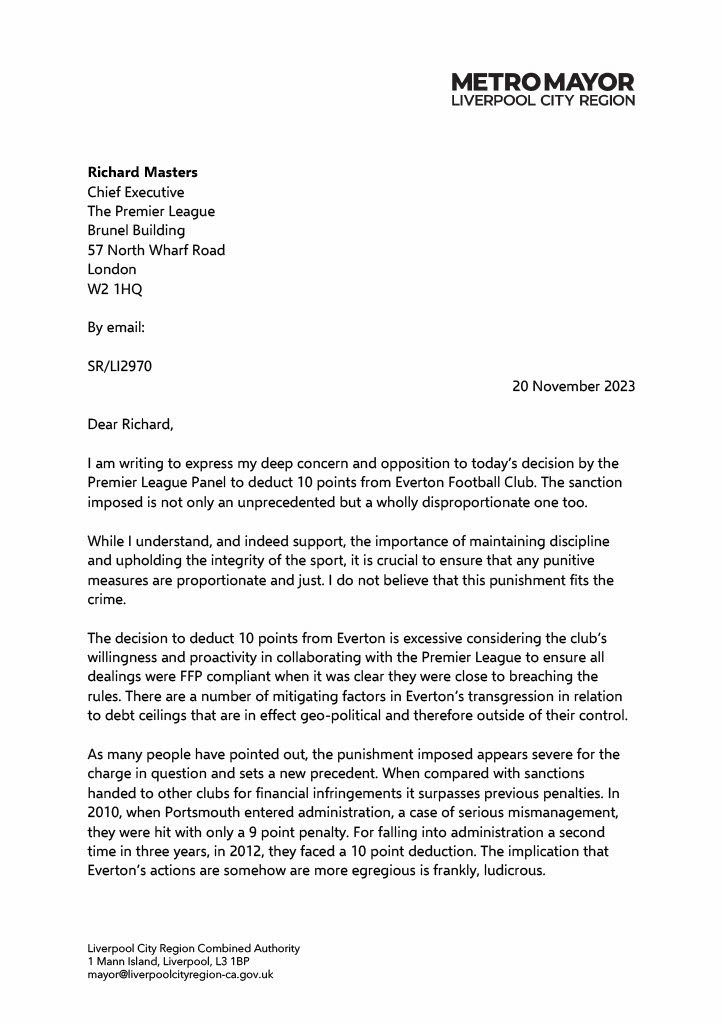 Letter from Liverpool City Region Mayor Steve Rotheram to Premier League Chief Executive Richard Masters regarding decision to deduct 10 points from Everton Football Club