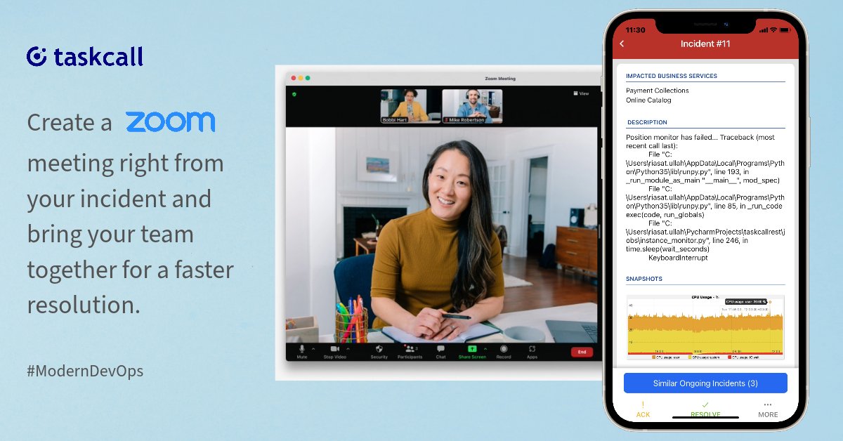 taskcallapp's tweet photo. Introducing TaskCall's Zoom conference bridging. Create Zoom meetings dedicated to an incident and automatically assemble the correct responders for a faster resolution. Learn more at: https://t.co/5wnzfJnb4R
#zoom #DevOps #Incident https://t.co/aiadMHlzoT