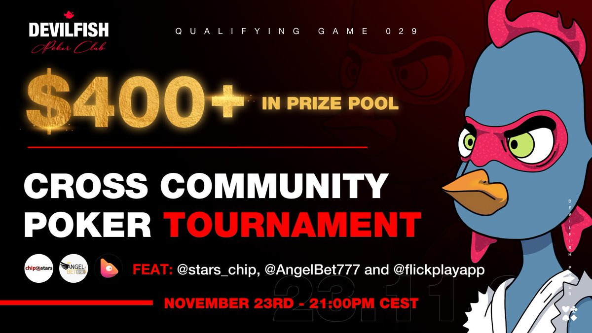 DEVILFISH POKER OPEN QUALIFIERS – EDITION 029

We're thrilled to announce that <a href="/stars_chip/">Chipstars Casino - Spin Among the Stars!</a>, @angelbet777, and <a href="/flickplayapp/">Flickplay</a> will be joining us on the table this THURSDAY!🔥

⏱| 21:00 CEST
📅| 23.11.2023

💰$400+ Prize Pool

ClubGG ID : 445628

Details on how to join on the