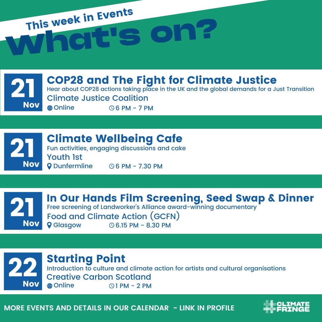 ClimateFringe's tweet image. What's On! 🙌

Are you joining any climate, nature and sustainability events this week?

#whatsonscotland #climateevents
