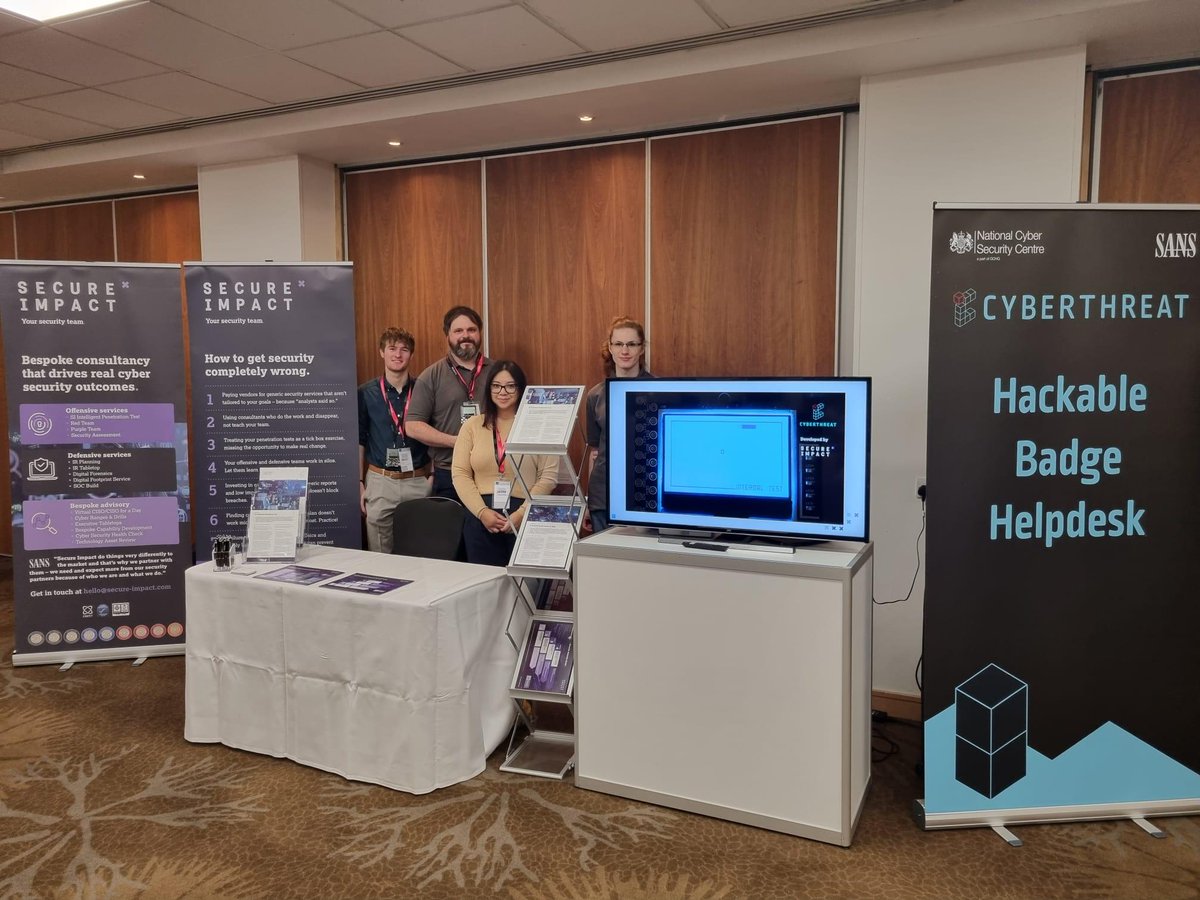SecureImpactLtd's tweet photo. Good morning from #CyberThreat23 with @SANSInstitute and @NCSC! Are you ready for the first hint for the #hackablebadges? Coming to you shortly... https://t.co/eNiDRDKKHW