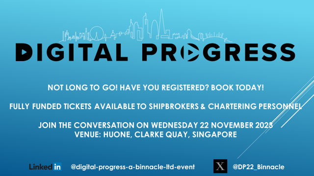 📣 Last chance to book your place at #DigitalProgress23 #Singapore
🔷 Funded places available for #chartering managers and #shipbrokers
🔷 Register today lnkd.in/e4YS_Fet
🔷 A day of professional talks, expert speakers, panel discussions #jointheconversation