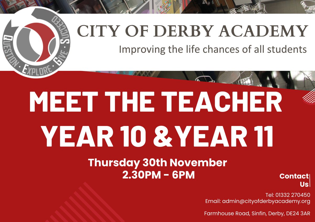 We're excited to invite parents of Year 10 and Year 11 students to Meet the Teacher on 30th November. Due to the event starting at 2.30pm, the school day will finish at 1.35pm for all year groups. A Grab and Go lunch will be available.