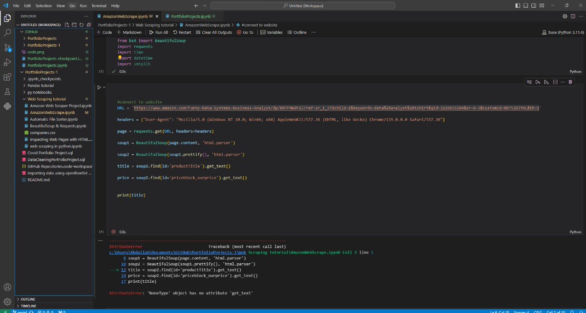 Ndambukilex_xls's tweet image. Day #73 of #100daysofdata #100DaysOfCode but Im having a bit of a challenge in a scraping project.
 its quite simple but maybe Im a bit tired. 
Im getting this attributeError when I run this,
It should being the highlighted part. 
What im I missing? 
Wazito @HarunMbaabu et al.