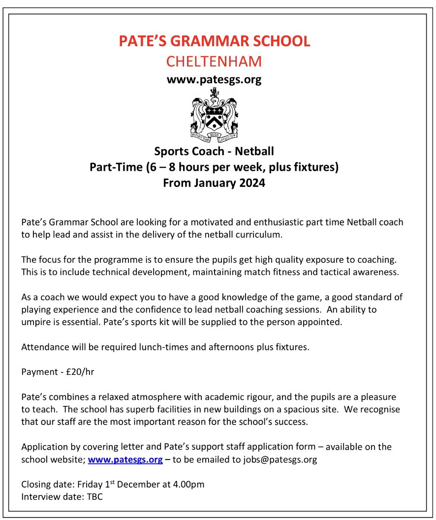 PatesSport's tweet photo. An exciting opportunity to join the Pate’s PE Team as a netball coach. Perfect role for an aspiring teacher or keen netballer to develop their coaching skills @uniofglos @Hartpury @OfficialHCNA @UniofGlos_Jobs https://t.co/phdgHAxqpn