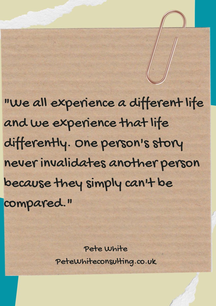 ConsultingPete's tweet image. It's so important to remember that one person's story doesn't make another's any less valid! Everyone's experiences are unique and equally valid - celebrate the stories of everyone around you  #ValidateEachOther #WeAreAllUnique  #petesponderings
