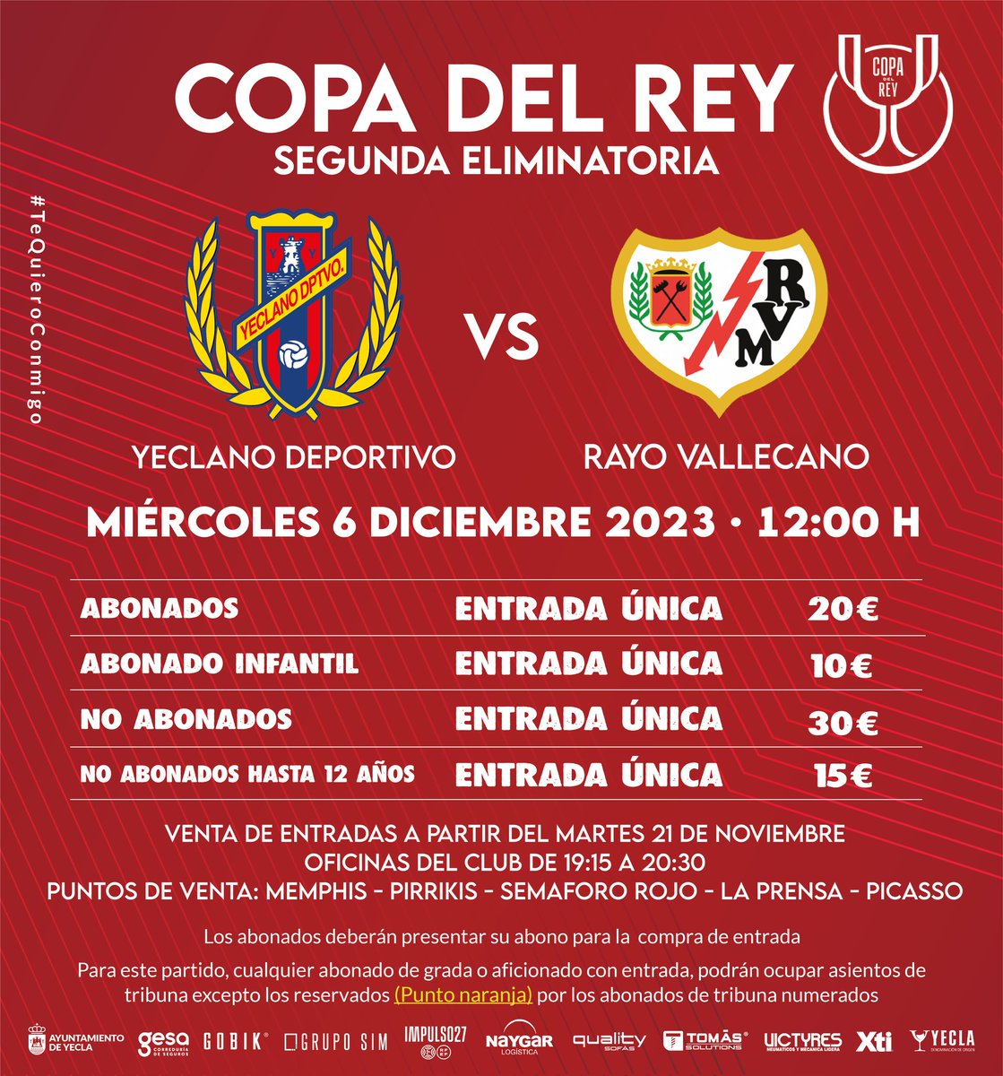 Yeclano_dptvo's tweet photo. 🎟🏆 𝐂𝐎𝐏𝐀 𝐃𝐄𝐋 𝐑𝐄𝐘 🏆🎟

🙌🔛 ¡Queremos seguir disfrutando JUNTOS de la #CopaDelRey frente a todo un 1ª División - #LaLigaEASports como el @RayoVallecano en La Constitución! 💪🏟

#LaCopaMola 🤟
#YeclanoRayo ⚽️
#GraciasAfición 📢
#NosVamosDeCopa 🤗
#TeQuieroConmigo 💙❤️ https://t.co/PNBufMXXv9