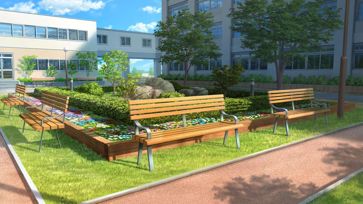 min_chi__e's tweet photo. フリー背景素材「学校のベンチ」追加（差分4枚）

▼ 利用規約・ダウンロードはこちら ▼
https://t.co/P6zDzqljSC https://t.co/GaC1xVGlac