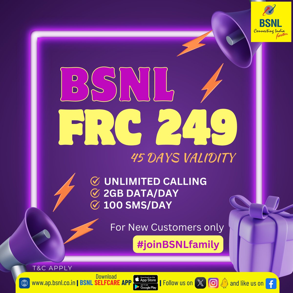 bsnl_ap_circle's tweet photo. #joinBSNLfamily. Recharge with #FRC249 and Enjoy unlimited voice Calls &amp; Data(Unlimited Calls, 2GB data &amp; 100 SMS per day) for 45 days. #RechargeNow with #BSNLSelfCareApp Download the app now. Google Play: https://t.co/1rRo05UYLF: https://t.co/hEoZvdOqfE #BSNLOnTheGo #G20India https://t.co/Eak2fFqP0q