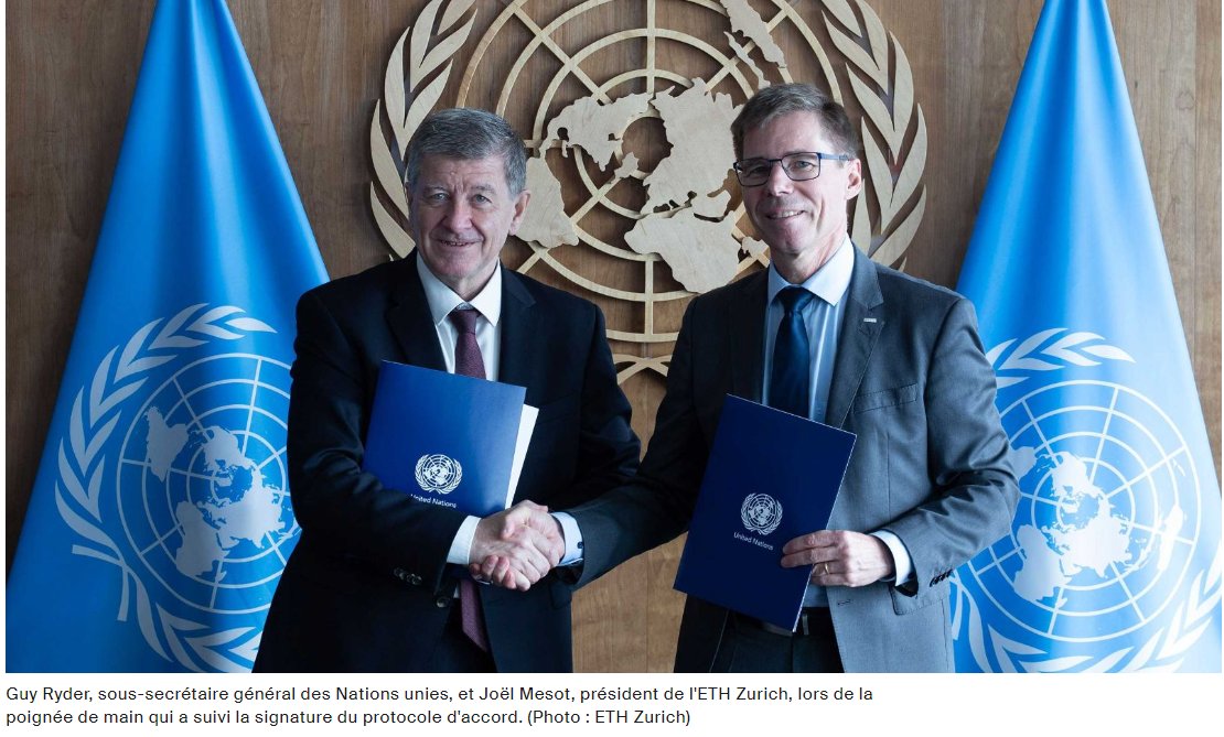 Un partenariat plus étroit entre @ETH Zurich et les Nations unies ! Les deux institutions viennent de signer un protocole d’accord. Il vise à soutenir le développement d'innovations sociales basées sur la technologie pour relever les défis mondiaux.