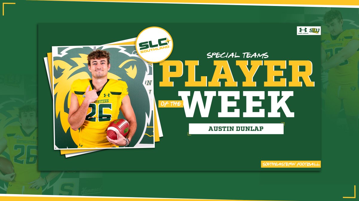 Congratulations to Austin Dunlap for capping a remarkable <a href="/LionUpFootball/">Southeastern Football</a> career with the seventh <a href="/SouthlandSports/">Southland Conference</a> Specials Teams Player of the Week honor

#LionUp | #WeBelieve | #Southland Conference