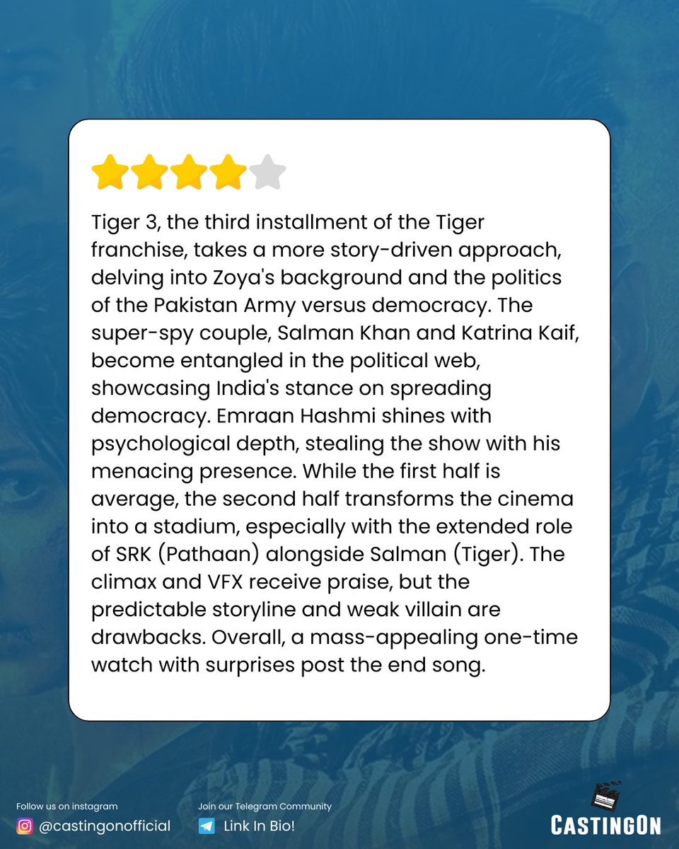 #Tiger3 is a 2023 Indian Hindi-language action thriller film directed by #ManeeshSharma and produced by #AdityaChopra under #YashRajFilms. The film stars #SalmanKhan, #KatrinaKaif and #EmraanHashmi in lead roles. 

#Review