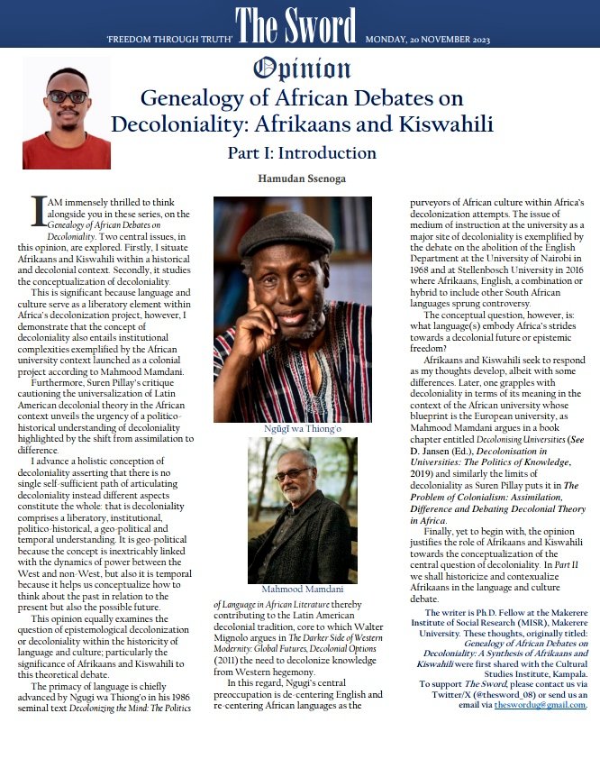 In this piece, 'I advance a holistic conception of decoloniality asserting that there is no single self-sufficient path of articulating decoloniality, instead different aspects constitute the whole...' ~ HAMUDAN SSENOGA (@HamHype1)
1/2
@MISR_Mak
@mm1124
@CAS_SOAS
@AfrIsGroot