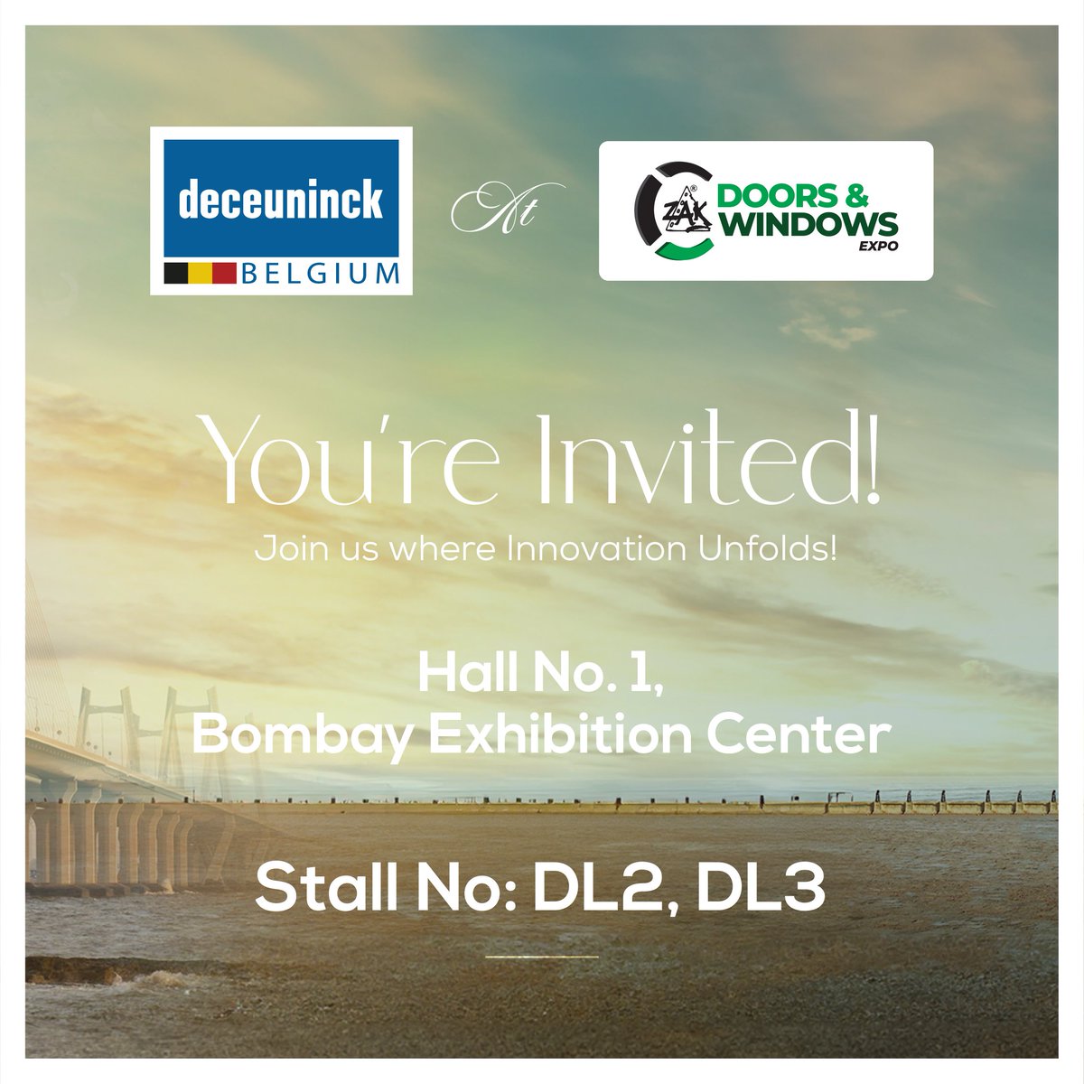 Here we come with a wave of innovation! Get ready to dive into a world of cutting-edge design &amp; technology with Deceuninck at Zak  Windows and Doors Expo 🚀 

From:-  Nov 23rd to 26th 
At:- Bombay Exhibition Hall, Mumbai. Don't miss it!
Hall No 1, stall no Dl2-Dl3

#ZakExpo2023
