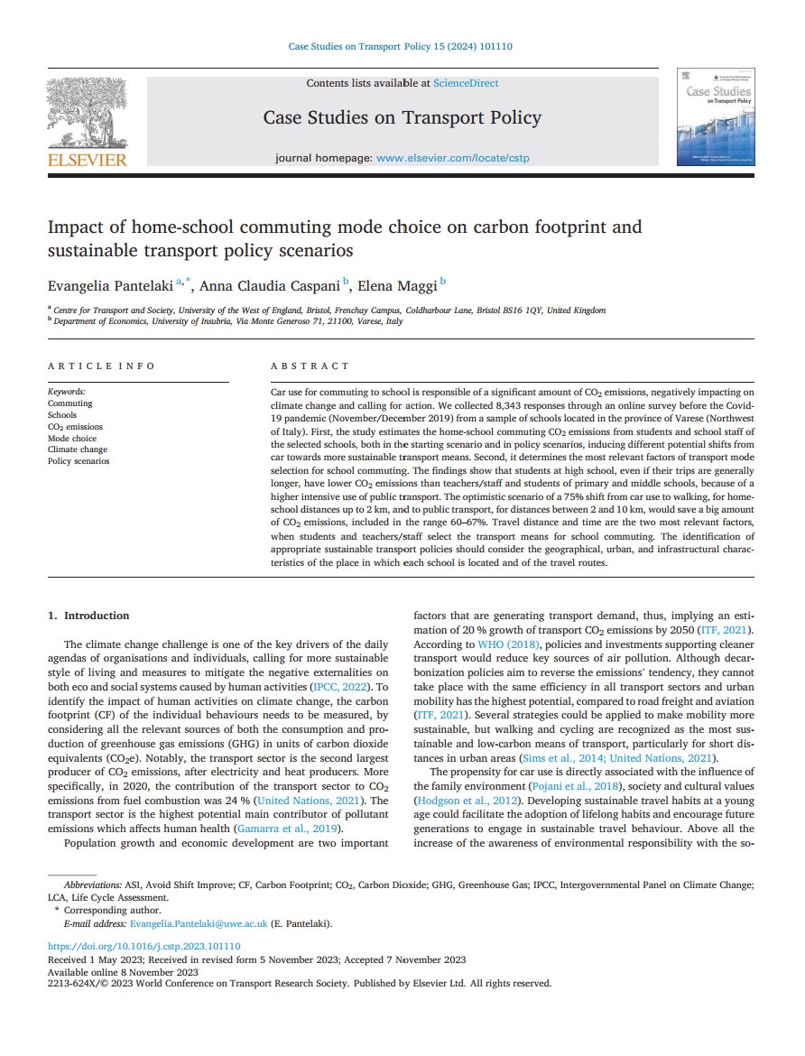 "Impact of home-school commuting mode choice on carbon footprint and sustainable transport policy scenarios" by Elena Maggi (<a href="/ElenaMaggi16/">Elena Maggi</a>) w/ Evangelia Pantelaki (<a href="/Eva_Pantelaki/">Evangelia Pantelaki</a>; <a href="/UWEBristol/">UWE Bristol</a>) &amp; Anna Claudia Caspani in Case Studies on Transport Policy, doi.org/10.1016/j.cstp…