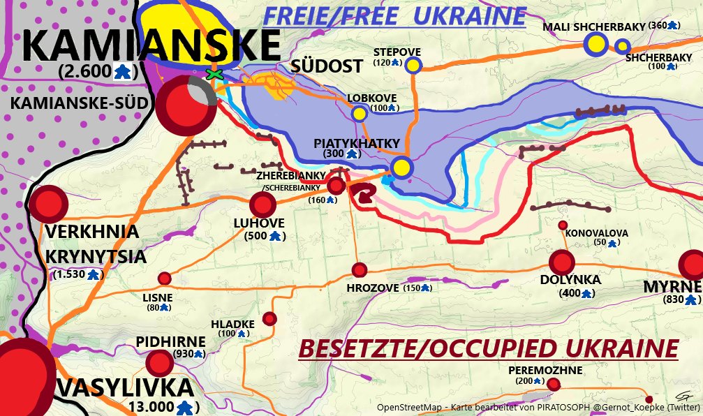 #UkraineKrieg:
Ab und an Schlagabtausch bei #Piatykhatky

Südfront bei #Kamianske seit langem relativ ruhig.
Zuletzt scheiterte RU-Angriff.

Ehemaliger #Dnepr-Stausee mit riesigen offene Grasflächen und schlammigen Sumpfzonen macht 'Neuland' während Raspitiza noch unpassierbarer.