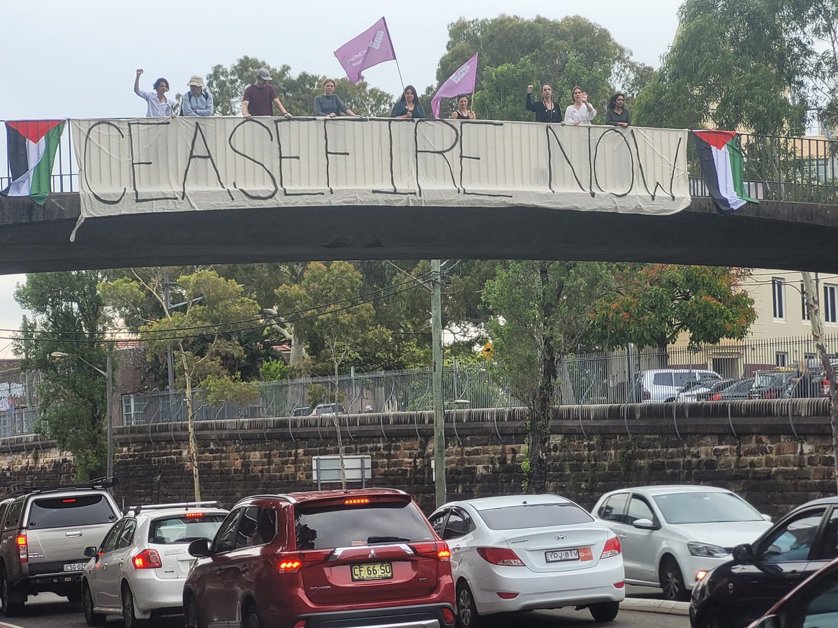 Three police just turned up at our banner drop to tell us they'd 'received complaints' about our 'Ceasefire Now' and other banners, and that they had to come down. The @nswpolice are obstructing political expression and abetting a genocide.