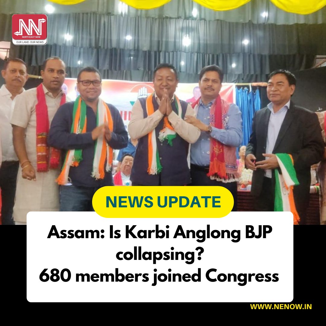 NENowNews's tweet image. Prominent Karbi leaders Jagatsing Engti, Pradip Diphusa and Charishma Rongpipi accompanied by 680 leaders and workers of Assam BJP joined the Congress party in a mass joining programme at Diphu Club in Diphu on Sunday.
#karbianglong #BJP #Congress #Diphu
