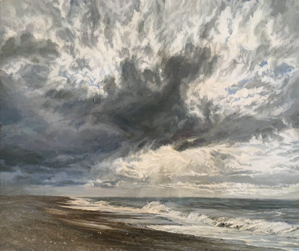 Cley Seascape. Oil on panel
#oilpainting #landscapeartist #painting #norfolk #clouds #beaches #seascape #exhibition 
bitly.ws/YRud