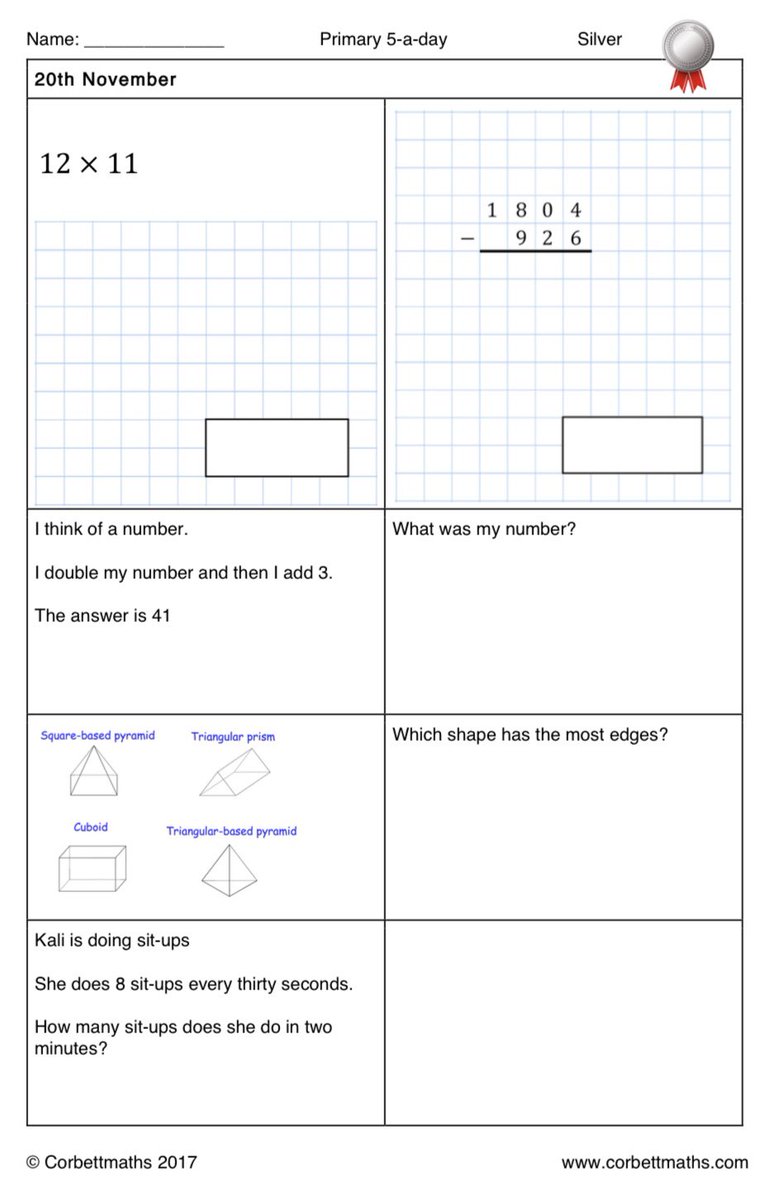 Corbettmaths's tweet photo. Primary 5-a-day with 4 levels of difficulty: bronze, silver, gold and platinum #corbett5aday #maths5aday Answers: https://t.co/gkkklq3UVJ https://t.co/dErVdq4FKH