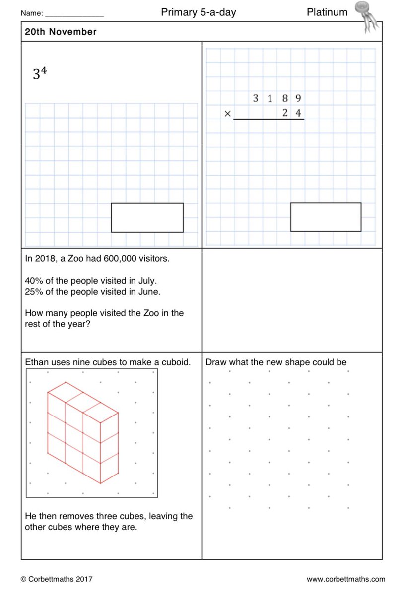Corbettmaths's tweet photo. Primary 5-a-day with 4 levels of difficulty: bronze, silver, gold and platinum #corbett5aday #maths5aday Answers: https://t.co/gkkklq3UVJ https://t.co/dErVdq4FKH