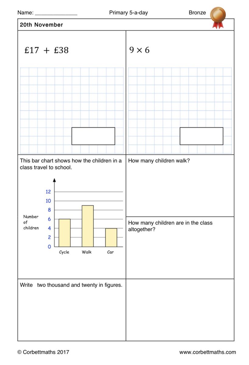 Corbettmaths's tweet photo. Primary 5-a-day with 4 levels of difficulty: bronze, silver, gold and platinum #corbett5aday #maths5aday Answers: https://t.co/gkkklq3UVJ https://t.co/dErVdq4FKH