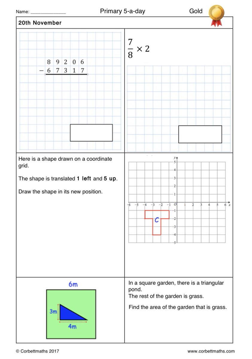Corbettmaths's tweet photo. Primary 5-a-day with 4 levels of difficulty: bronze, silver, gold and platinum #corbett5aday #maths5aday Answers: https://t.co/gkkklq3UVJ https://t.co/dErVdq4FKH