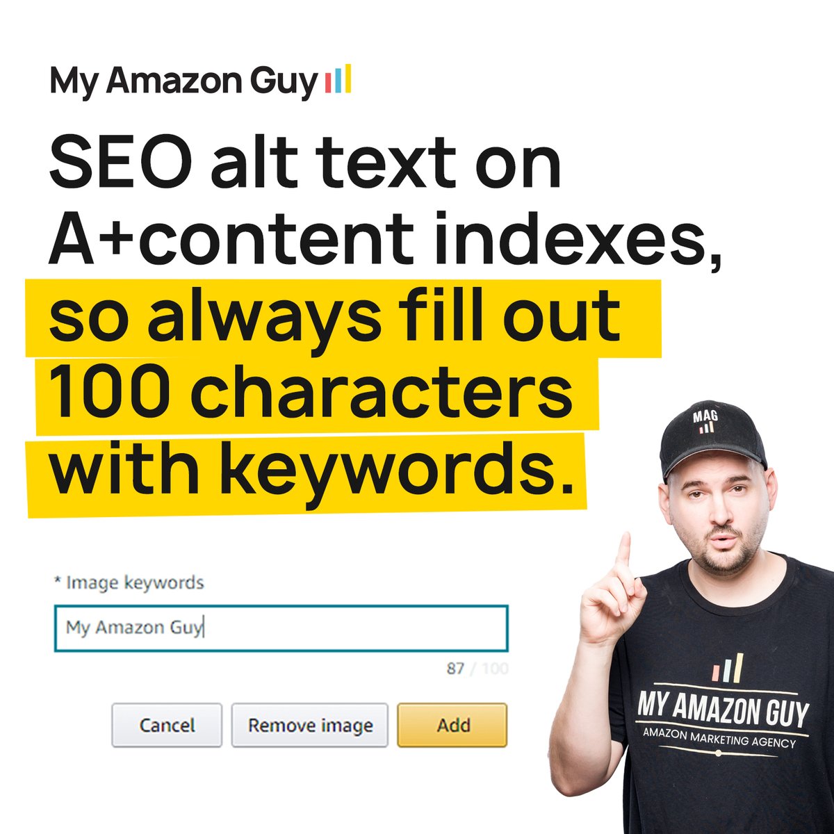 MyAmazonGuy's tweet image. Are you missing out on this? Even big brands do!

Alt text for Amazon A+ content.

That’s right, a full 100 characters to seed with SEO gold.

Use it wisely, and you could leapfrog right over the competition.

#AmazonSEO #AmazonHack #AltTextGold