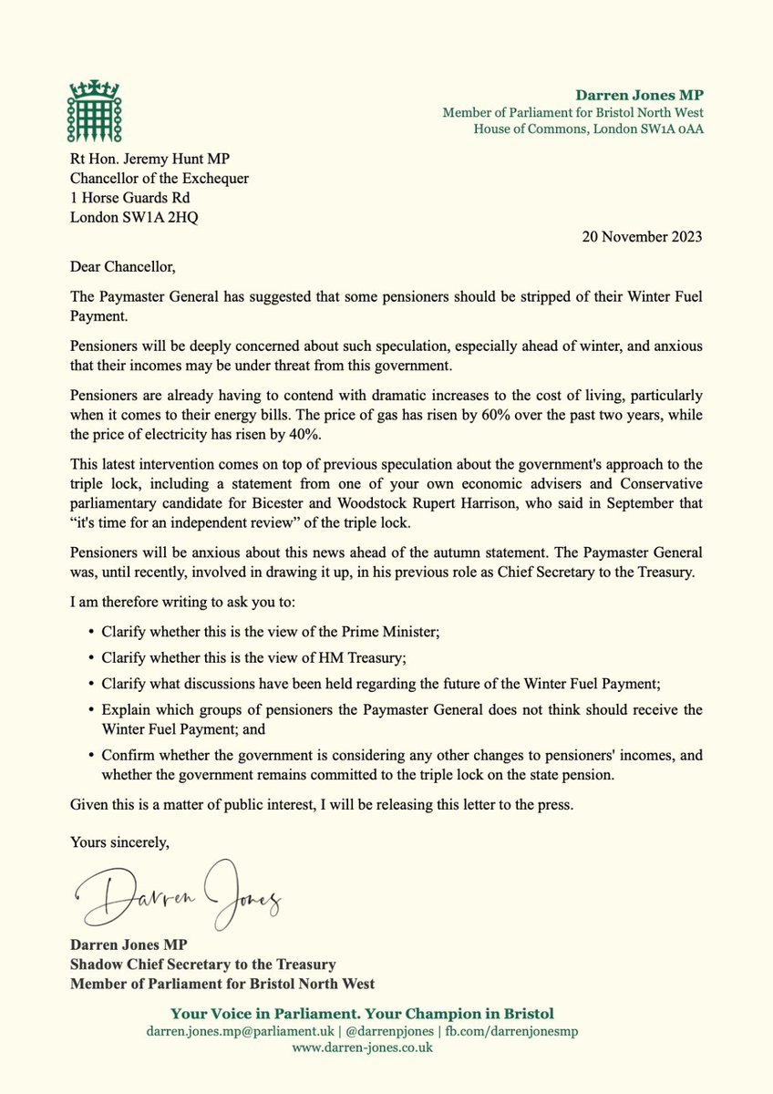 darrenpjones's tweet image. The Paymaster General has suggested stripping some older people of the Winter Fuel Payment.

I’ve written to the Chancellor asking him to clarify whether he is considering this for the Autumn Statement.

Pensioners mustn’t be forced to bear the brunt of Tory economic failure.