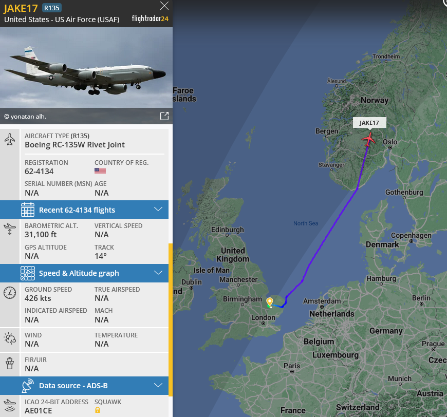BDataS_08's tweet photo. USAF RC-135W heading North probably to Barents sea #JAKE17 https://t.co/YxxzqYBouj