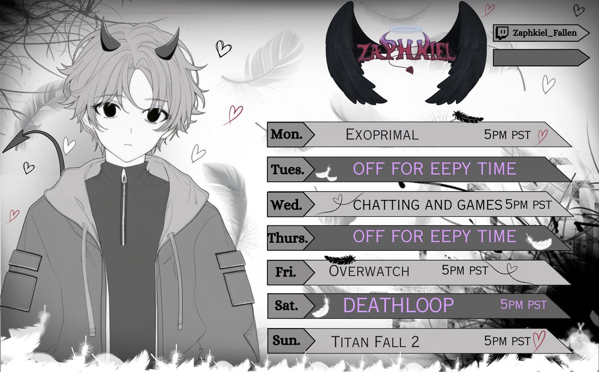 KyokielVT's tweet photo. 🖤🤍🖤NEXT WEEK STREAM SCHEDULE 🖤🤍🖤

For the week of nov 20th - 27th here ya go!

Some tags :3
🎨~ #ArtKiel
🎬~ #Zaphklips 
🔴~ <TBD>

Big thanks to @/Korrupt_Kitten for the schedule design! 

#PNGtubers #Vtuber #VtuberSupport  #ENVtuber #TwitchAffilate #twitchtv https://t.co/jO1xP02zhG