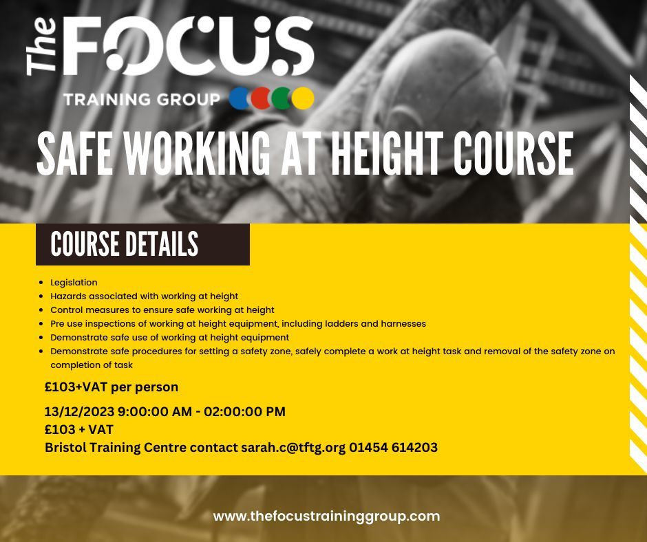 Join our Safe Working at Height Course 

📅 13th December 2023
📍  Bristol Centre, BS32 4EU
£103+VAT per person.

🔗 Secure your spot now contact sarah.c@tftg.org or call 01454 614203.
buff.ly/46gWkin

#SafetyFirst #WorkingatHeight  #SecureYourSpot #focustraining