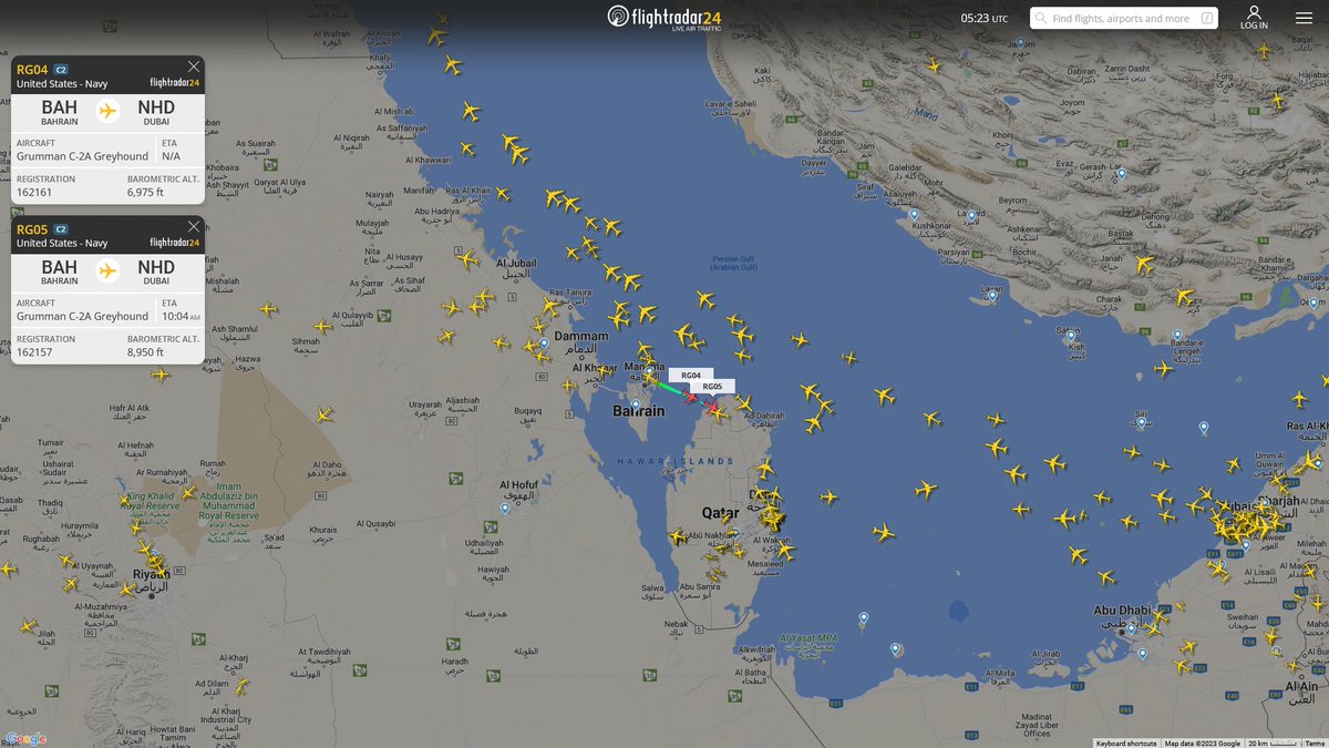 AIYeyENGDdJkjTr's tweet photo. Nov. 20, 2023
#Bahrain #Arabian Sea 

#USS Dwight D. Eisenhower (CVN- 69) 

#RG04 #AE0467 USN C-2A Greyhound 
#RG05 #AE0451 USN C-2A Greyhound https://t.co/Oy5YmYW8D1