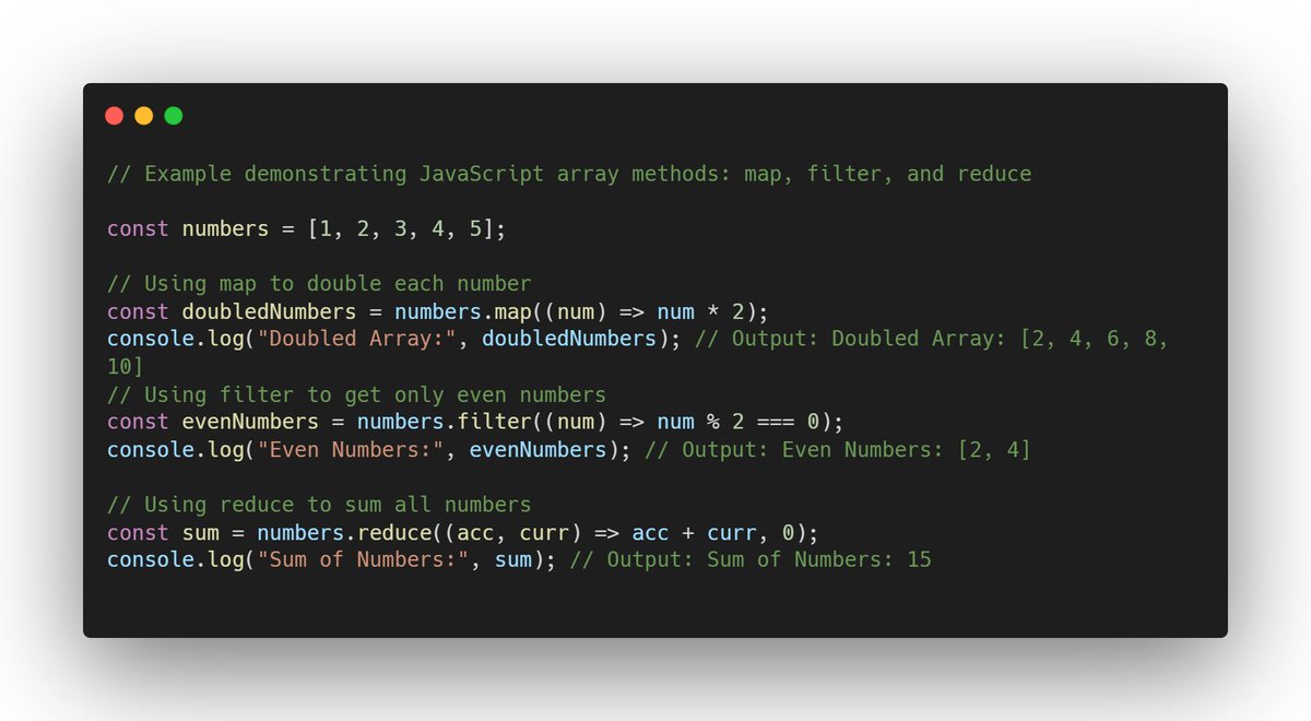 manthan_ank's tweet image. 🚀 Mastering JavaScript&apos;s array methods opens a world of possibilities! From &apos;map&apos; to &apos;filter&apos; and &apos;reduce,&apos; these tools empower you to transform data elegantly. Embrace arrays, wield their might, and unleash the coder within! 💡💻 #JavaScript #ArrayMethods #CodeMastery