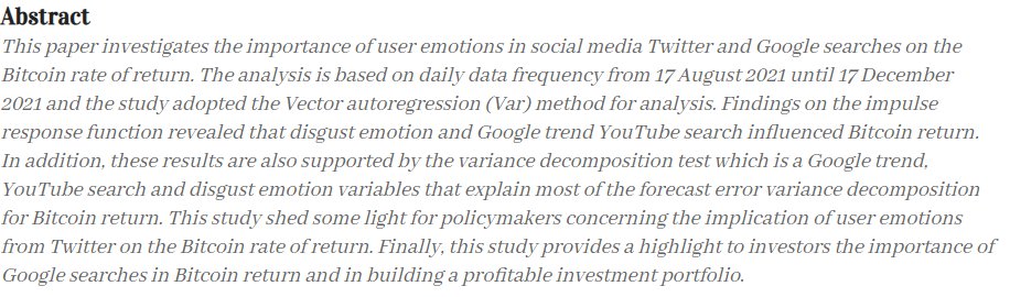 EkonomiJurnal's tweet image. Impact of Twitter and Google Searches on Bitcoin Rate of Return by Raja Solan Somasuntharam, Fathin Faizah Said, Tamat Sarmidi, Mohd Ridzwan Yaakub

dx.doi.org/10.17576/JEM-2…

#Bitcoin #emotionsanalysis #Googlesearches #return; #socialmedia #Twitter
