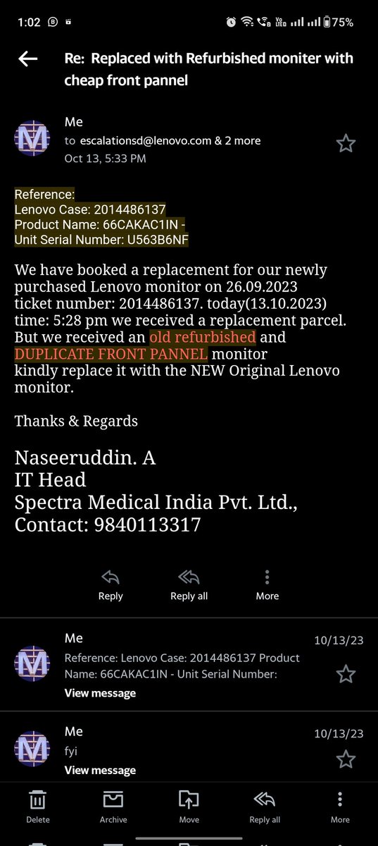 naseeruddin19's tweet photo. ticket number: 2014486137. today(13.10.2023) time: 5:28 pm
But we received an old refurbished and DUPLICATE FRONT PANNEL monitor  
kindly replace it with the NEW Original Lenovo monitor.
@Lenovo_in
@Lenovo
we don't expect this much poor service support for Lenovo https://t.co/FBNnHTVUf2